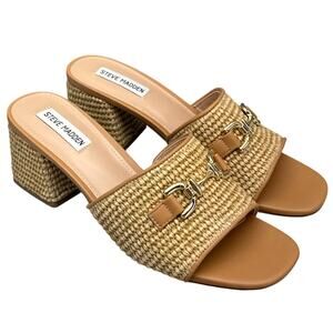 Steve Madden Santana Tan Raffia Leather 3" Block Heel Slide Women 10